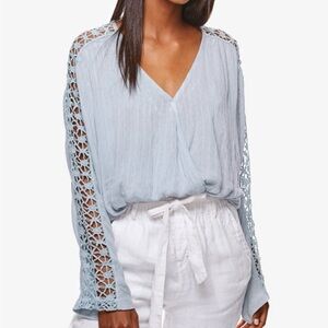 Free People Light Blue Lace Sleeve Blouse
